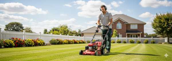 Cornel gardener mowing lawn