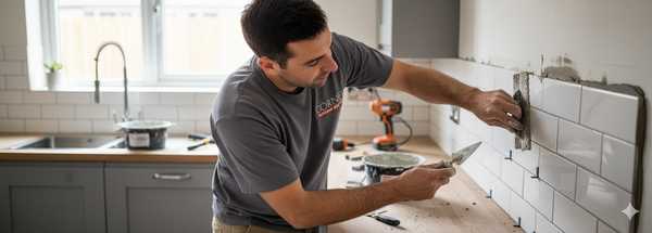 Cornel tiler installing tile backsplash